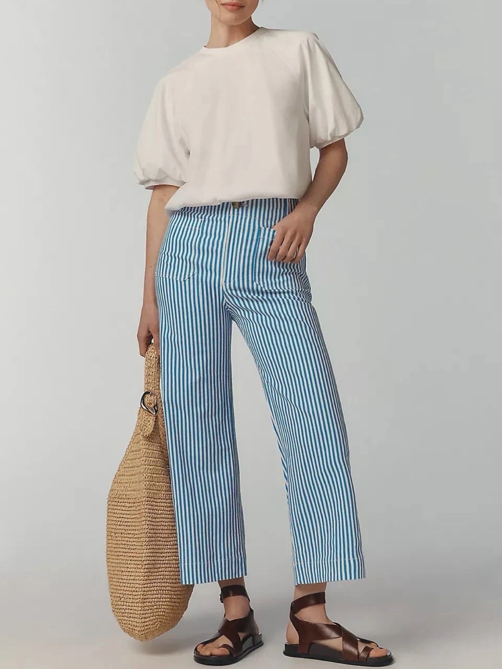 Anthropologie Colette Crop Linen Pants Wide Leg Maeve Blue Stripe Size 24